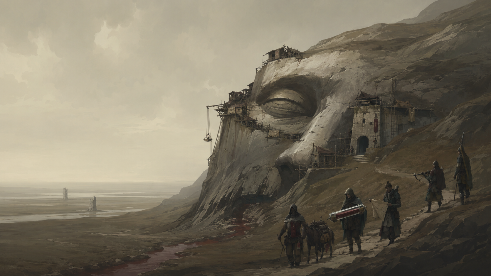 A settlement built inside a vast divine face