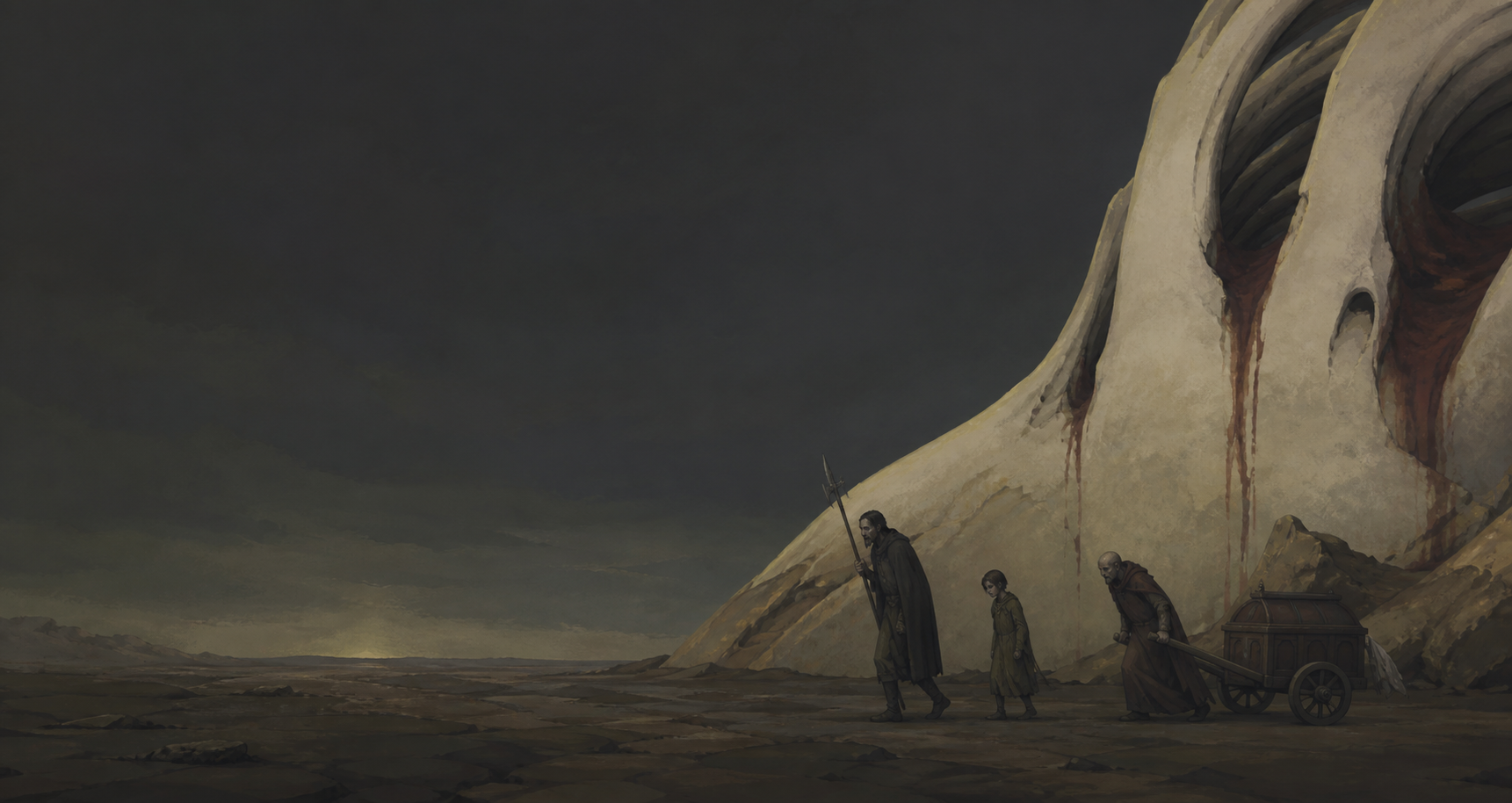 Pilgrims walking beside an enormous remain